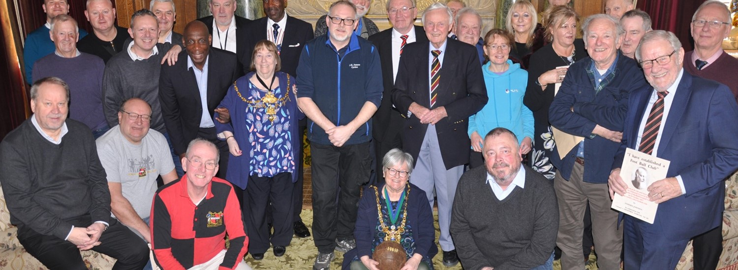 The Lord Mayor and Colonel Norton with representatives of Sheffield Home of Football and constituent clubs and organisations including Sheffield FC, Rich-ard Timms, chair of Sheffield FC