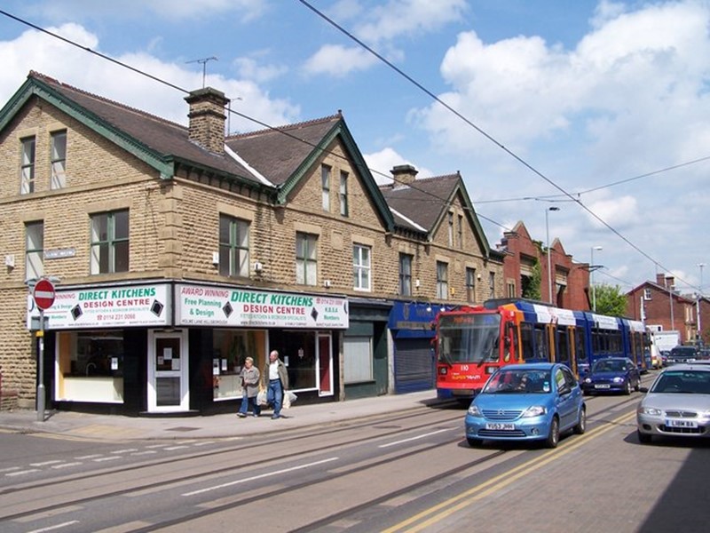 Buildings and tram tracks on Holme Lane, Hillsborough