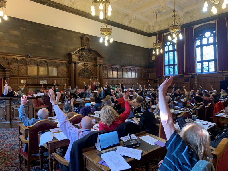 Councillors in the council chamber, raising their hands, unanimously approving the new committee system