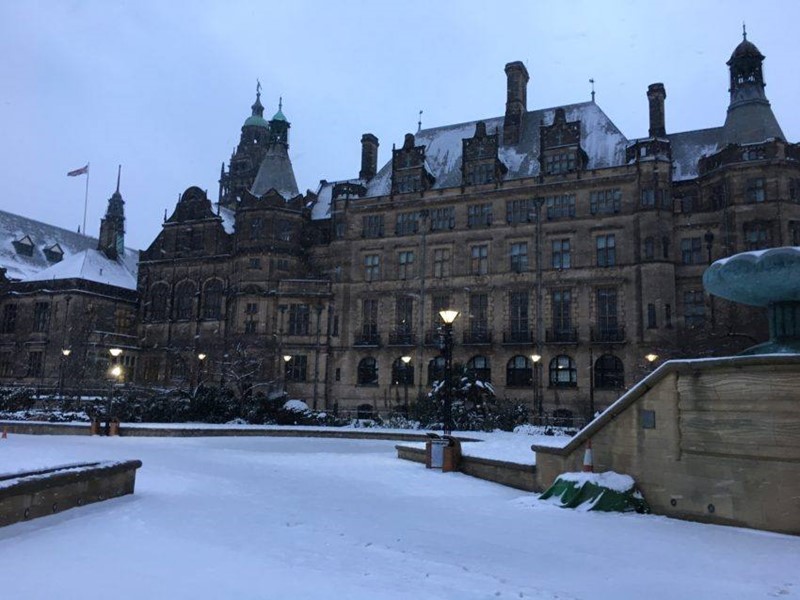 Sheffield Town Hall ad Peace Gardens snow is on the ground